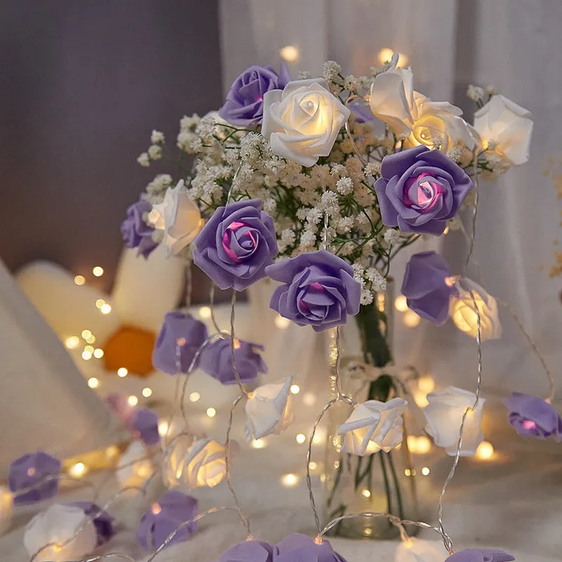 LED rose light string with battery pack and PV foam rose heads in multiple colour options