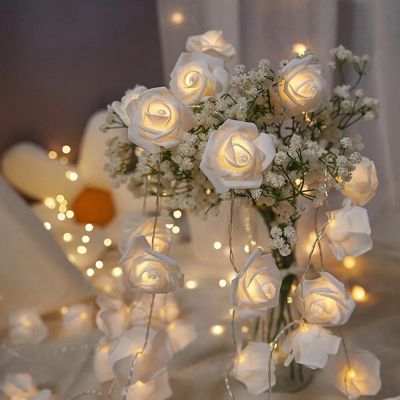 LED rose light string with battery pack and PV foam rose heads in multiple colour options