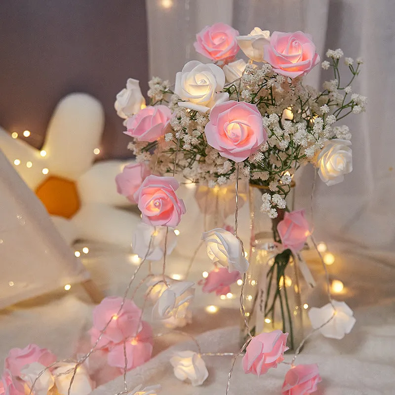 LED rose light string with battery pack and PV foam rose heads in multiple colour options