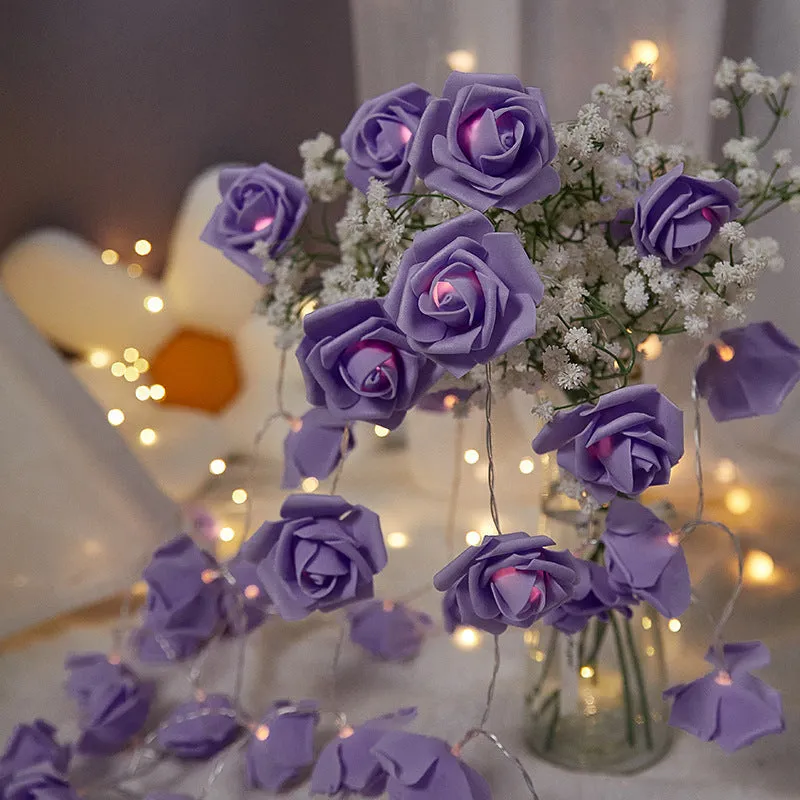 LED rose light string with battery pack and PV foam rose heads in multiple colour options