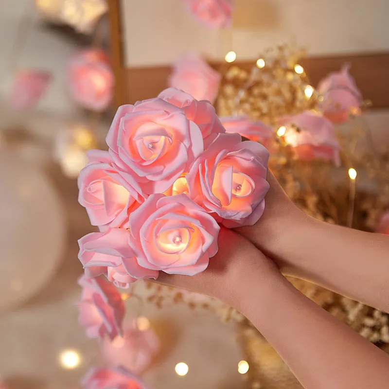 LED rose light string with battery pack and PV foam rose heads in multiple colour options
