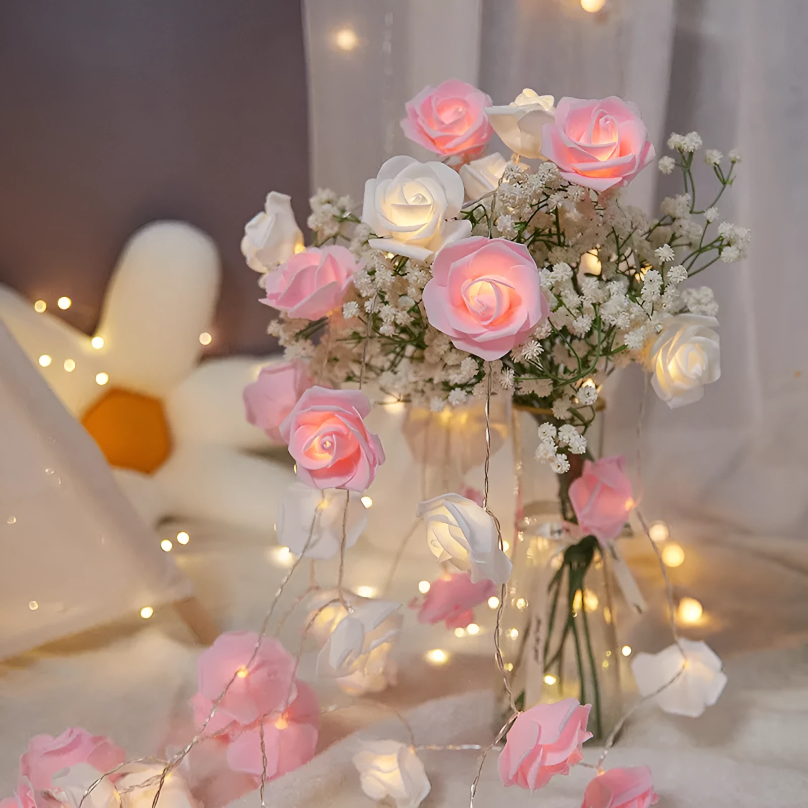 LED rose light string with battery pack and PV foam rose heads in multiple colour options