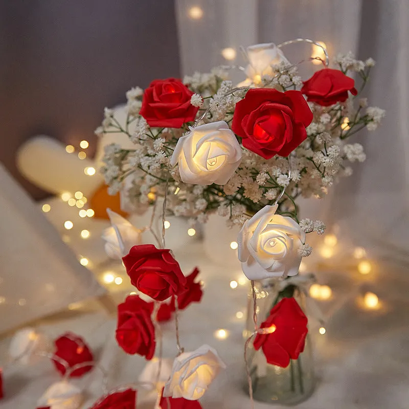 LED rose light string with battery pack and PV foam rose heads in multiple colour options