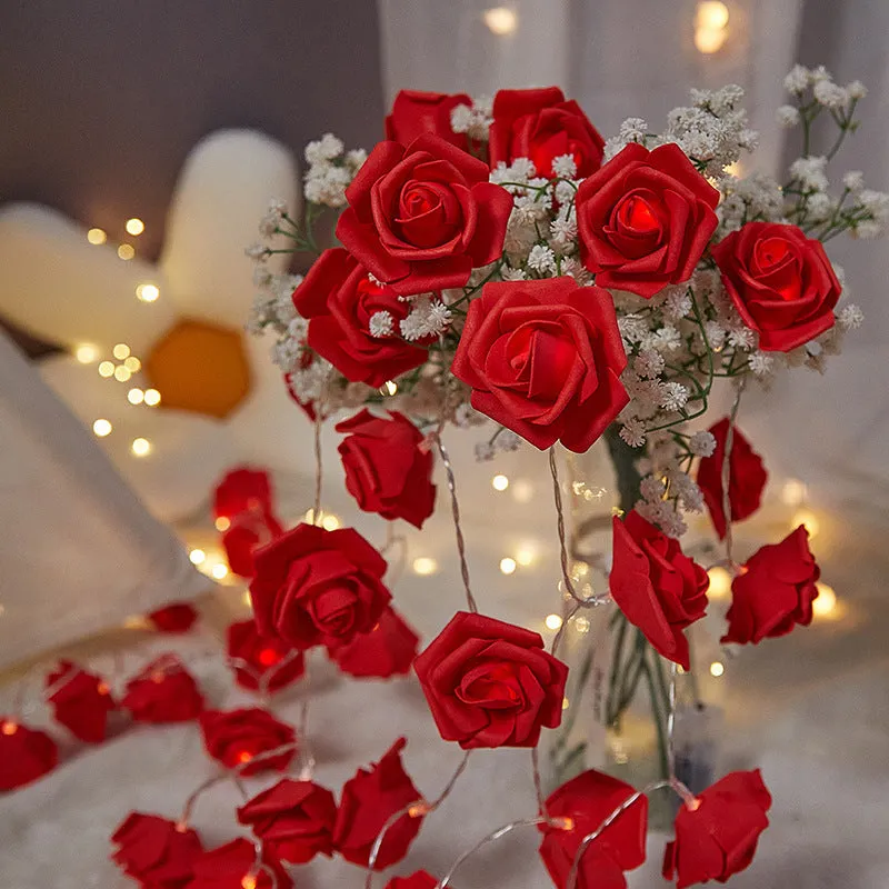 LED rose light string with battery pack and PV foam rose heads in multiple colour options