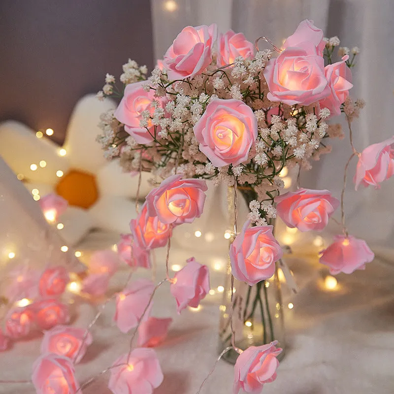 LED rose light string with battery pack and PV foam rose heads in multiple colour options