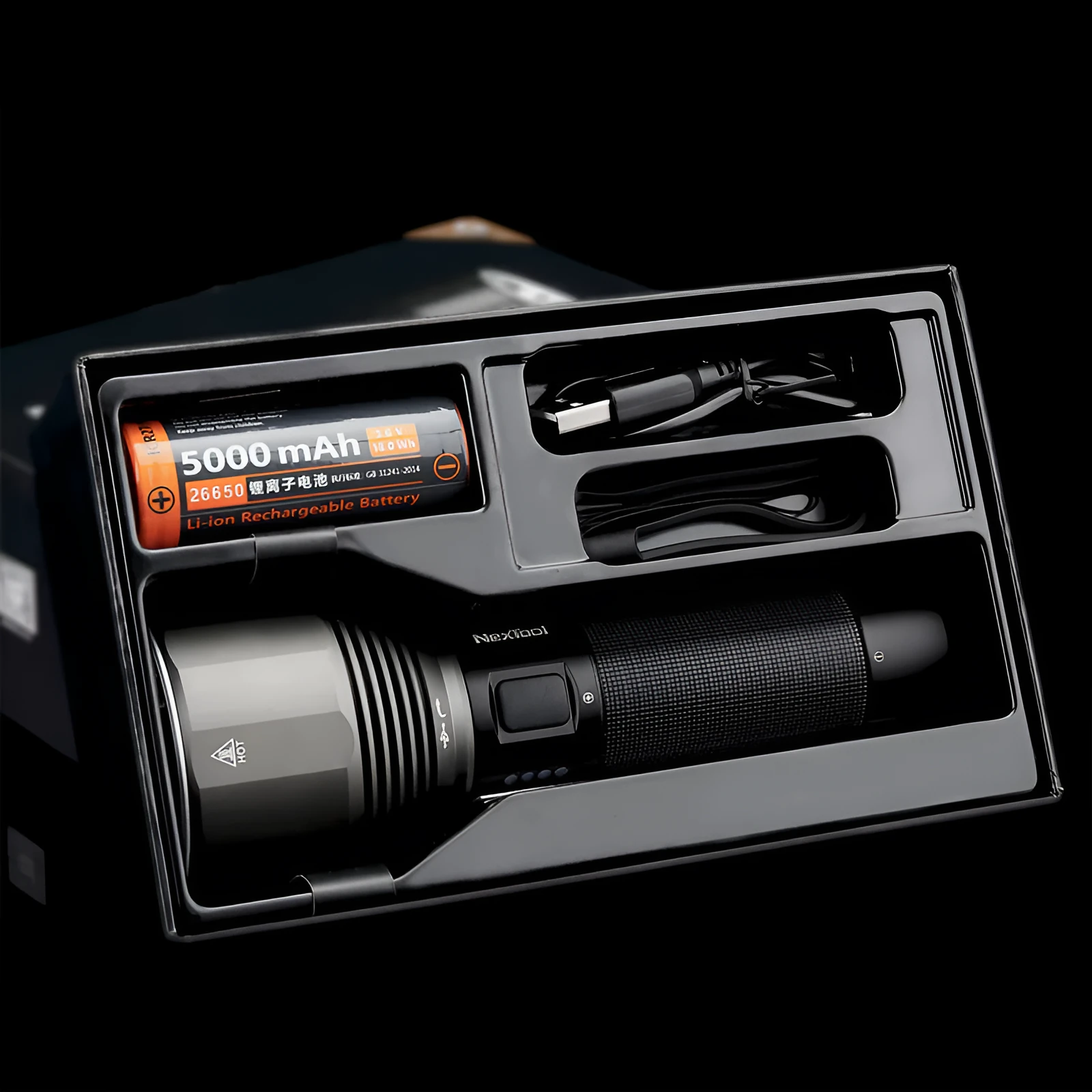 Black rechargeable outdoor flashlight showing aluminium construction with measurement indicators