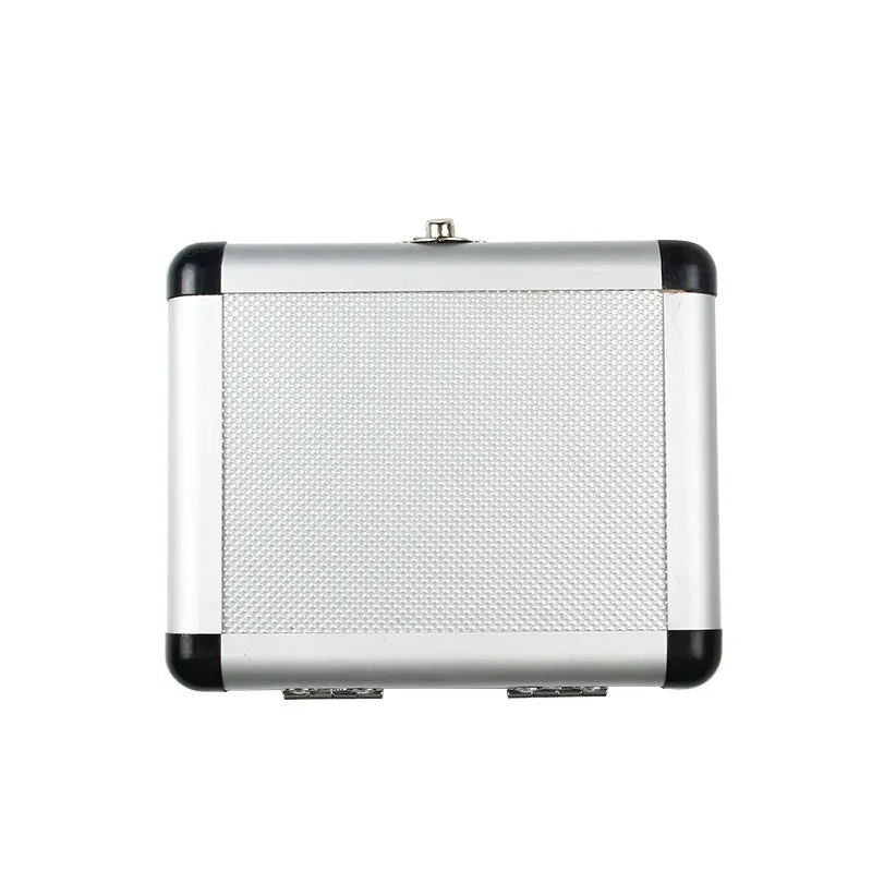 Gold-coloured aluminium storage box with steel plate opening, showing scale with a 58-80 mm length.