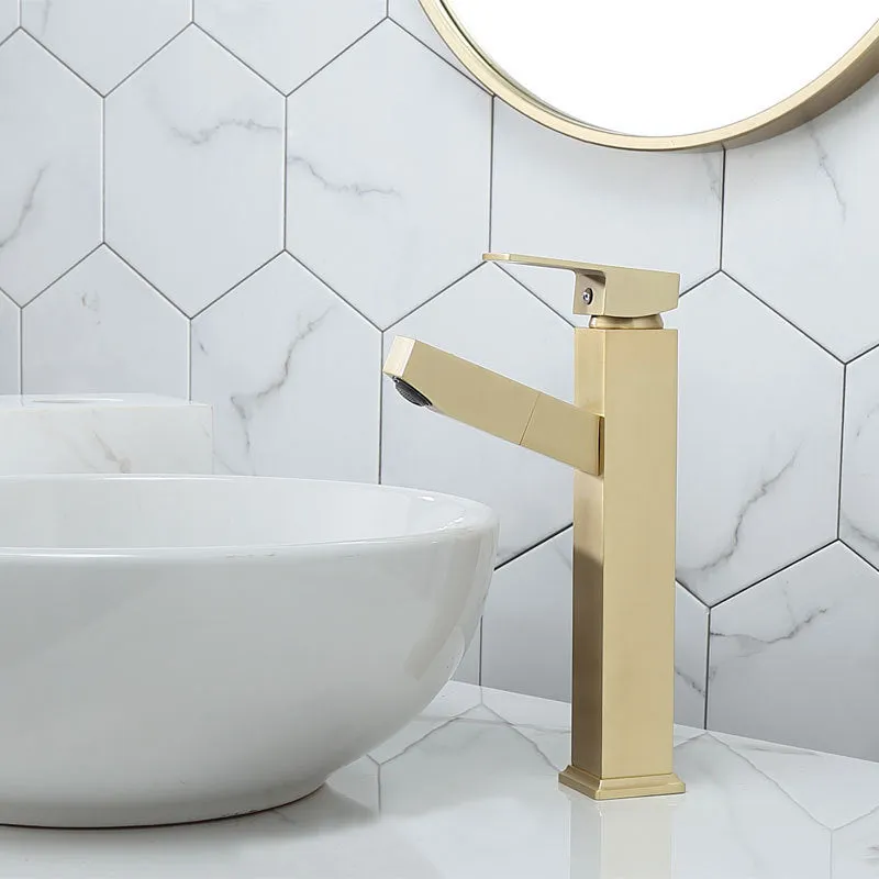 Nordic brass brushed gold pull faucet with square lever design for hot and cold water control