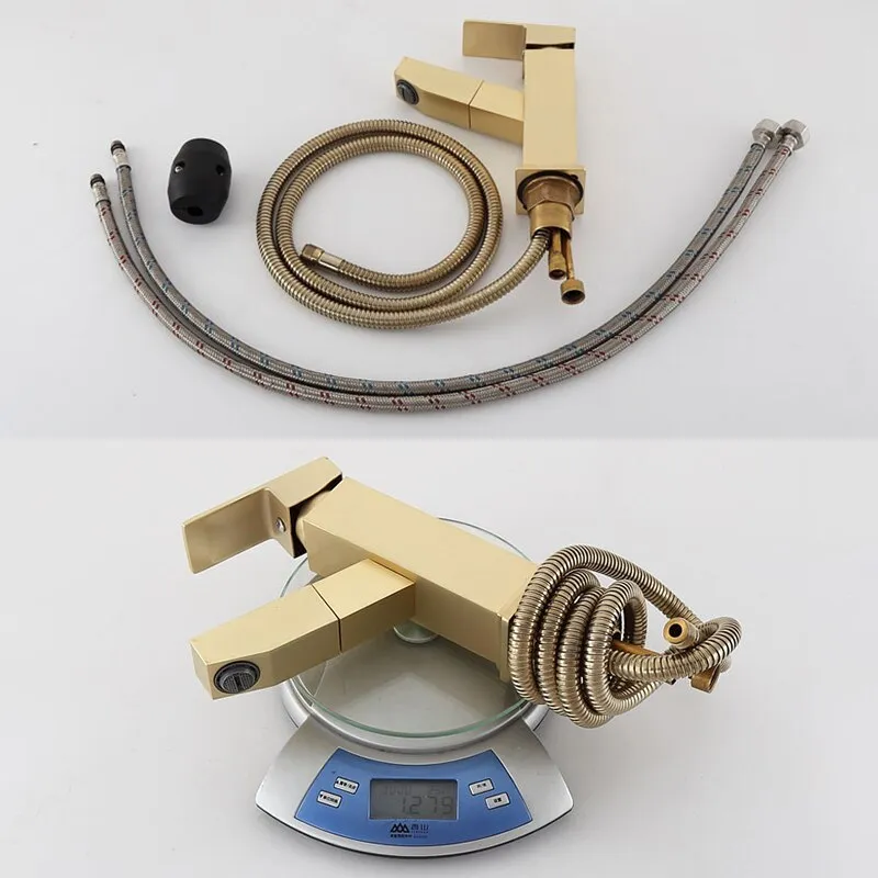 Nordic brass brushed gold pull faucet with square lever design for hot and cold water control