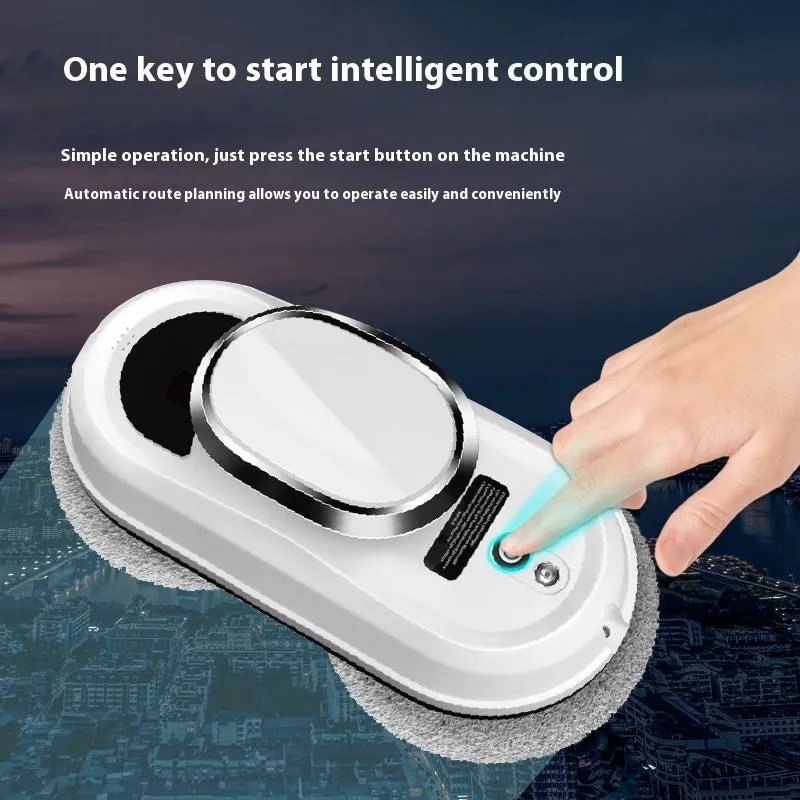 White automatic high-altitude cleaning machine with remote control on a windowsill.