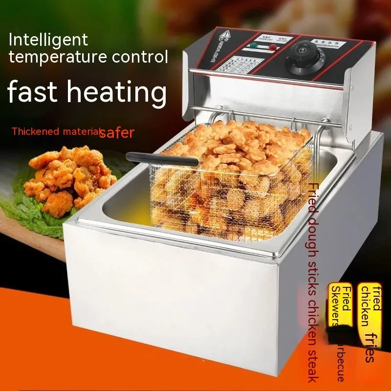 Commercial stainless steel deep frying pan with temperature control dial and large cooking capacity