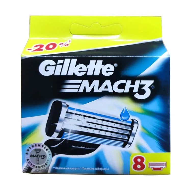 Gillette Front Speed 3 razor and eight blue triple-layer replacement blades on a white background.