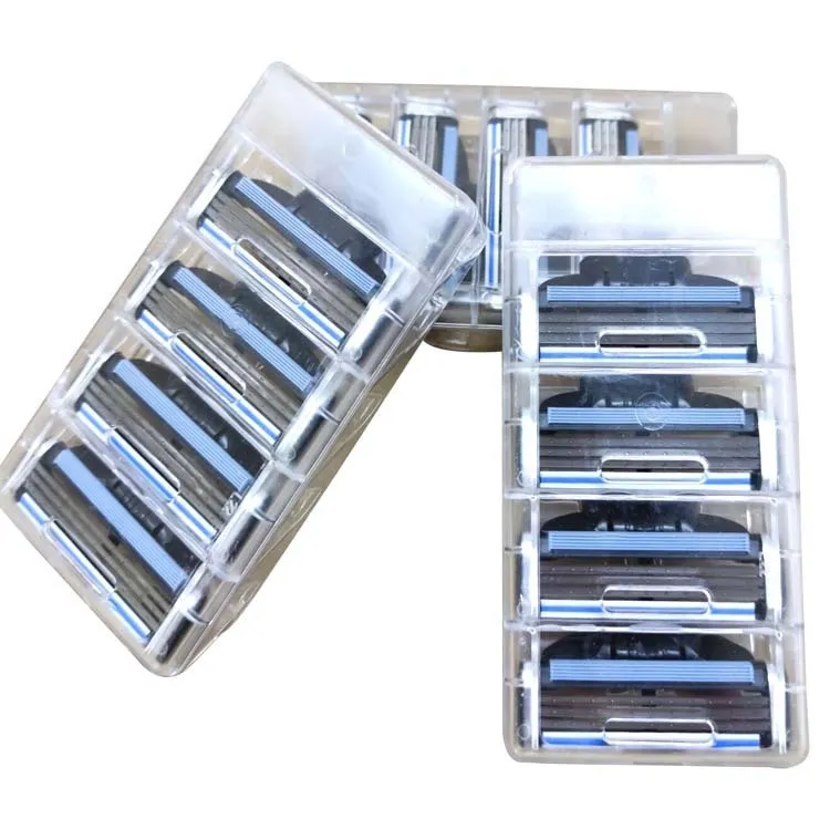 Gillette Front Speed 3 razor and eight blue triple-layer replacement blades on a white background.