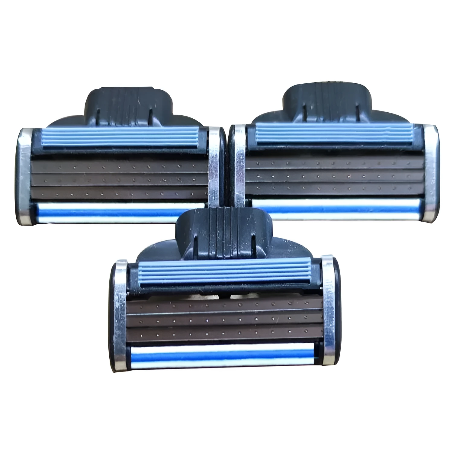 Gillette Front Speed 3 razor and eight blue triple-layer replacement blades on a white background.