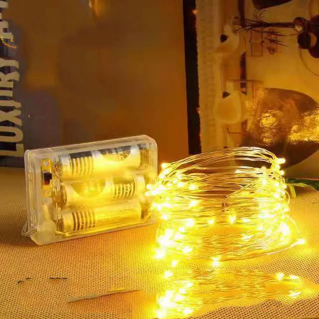 Copper wire LED string light wrapped around a tree branch, showing multiple coloured bulbs.