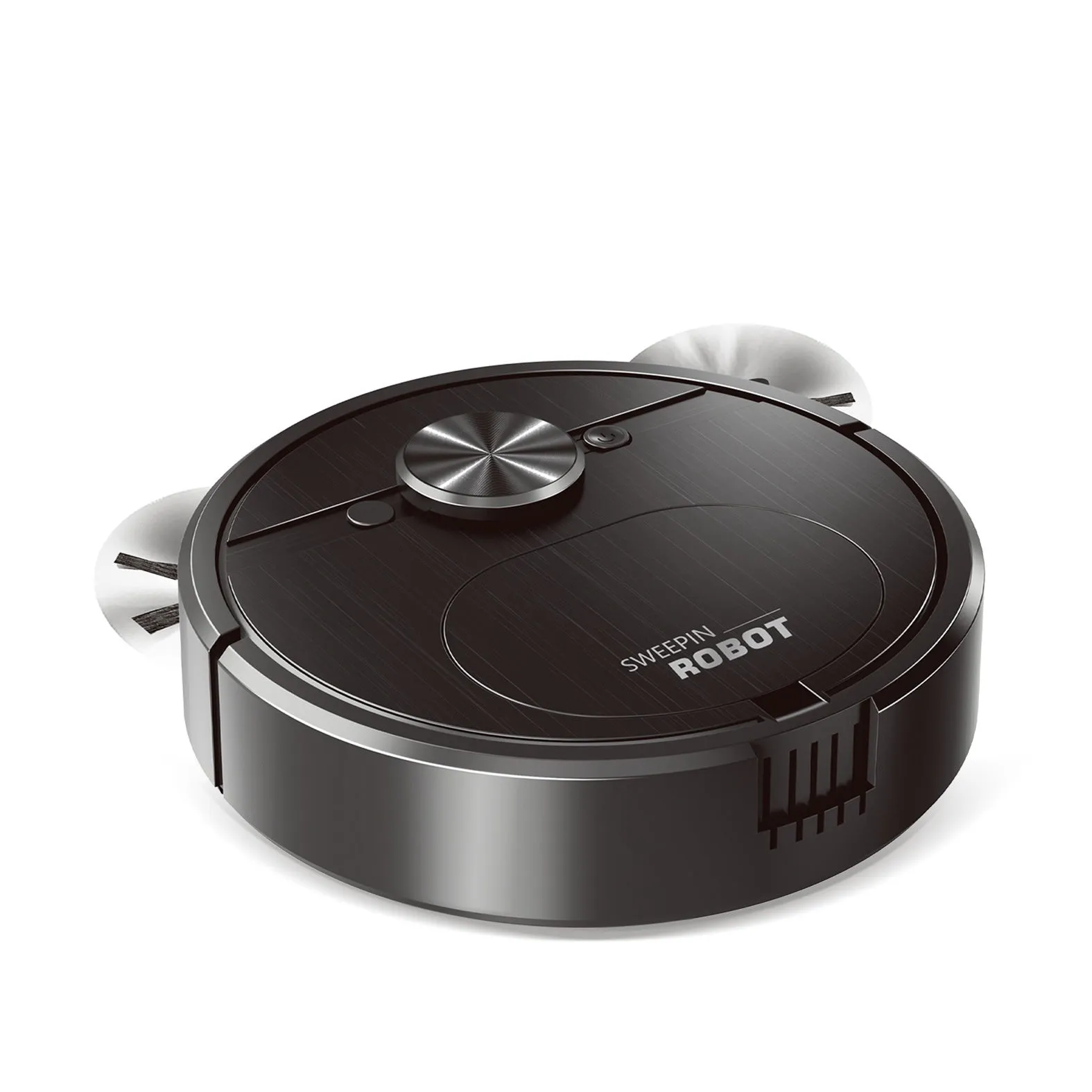 Black or white robot vacuum cleaner with suction, sweeping, and mopping functions on a hard floor