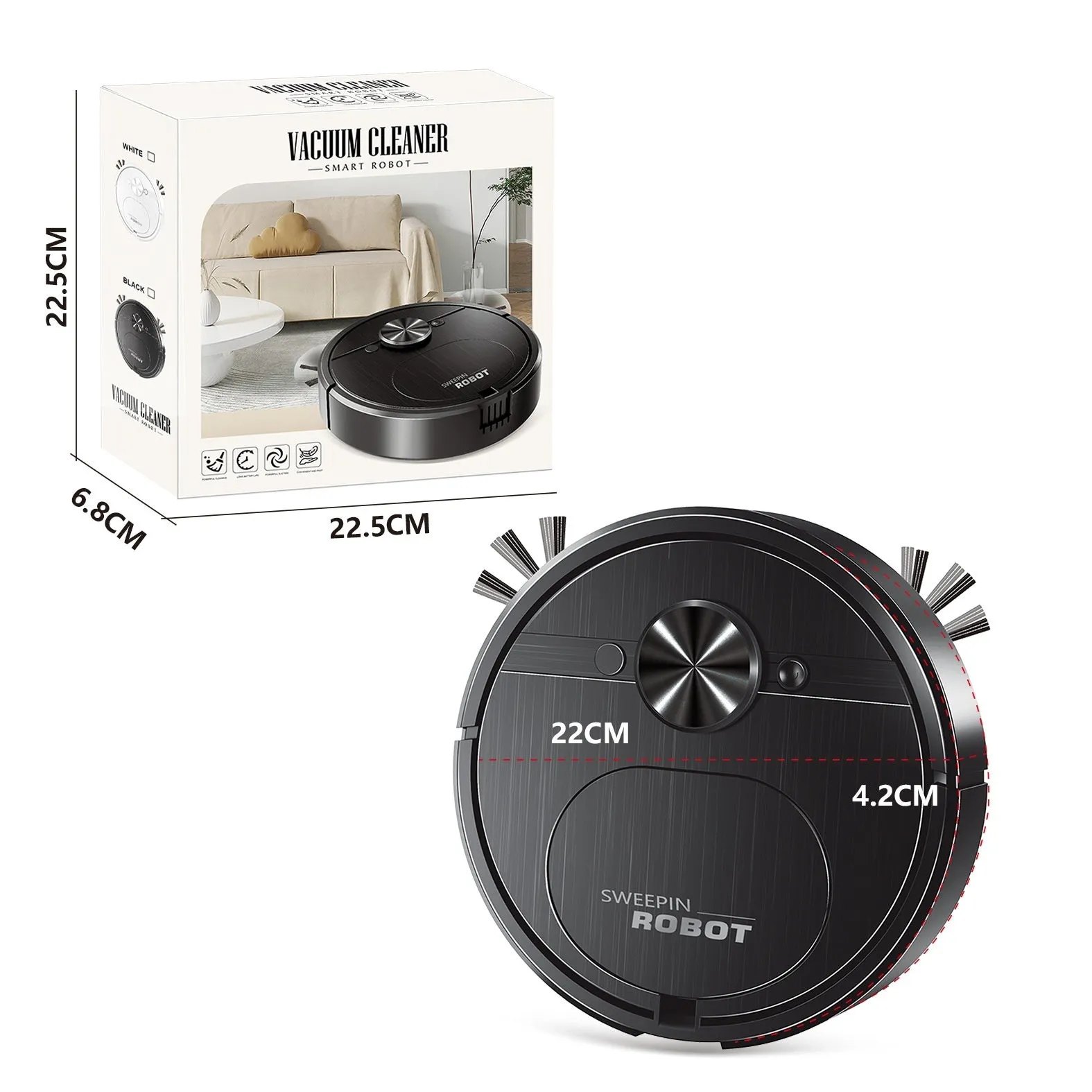 Black or white robot vacuum cleaner with suction, sweeping, and mopping functions on a hard floor