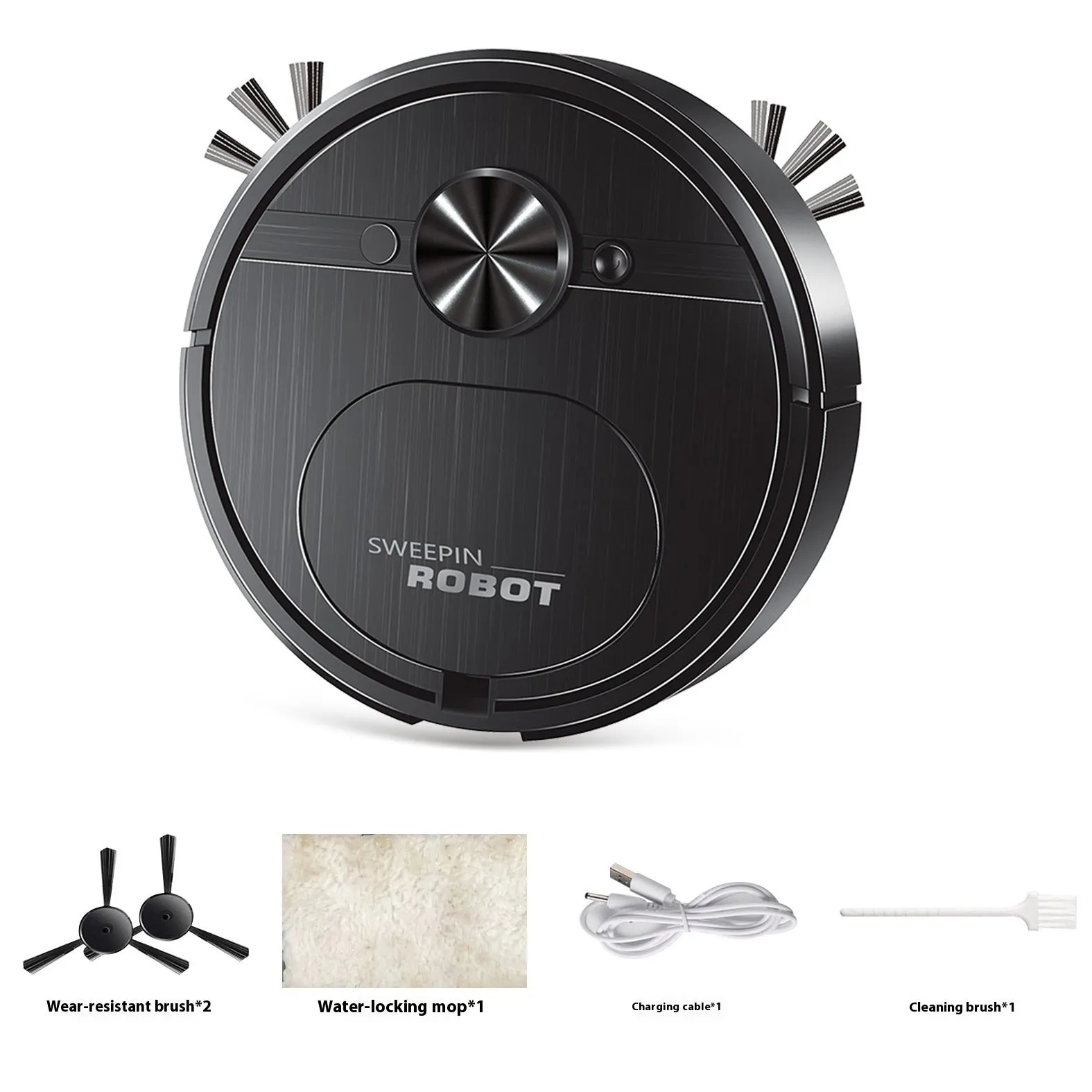 Black or white robot vacuum cleaner with suction, sweeping, and mopping functions on a hard floor