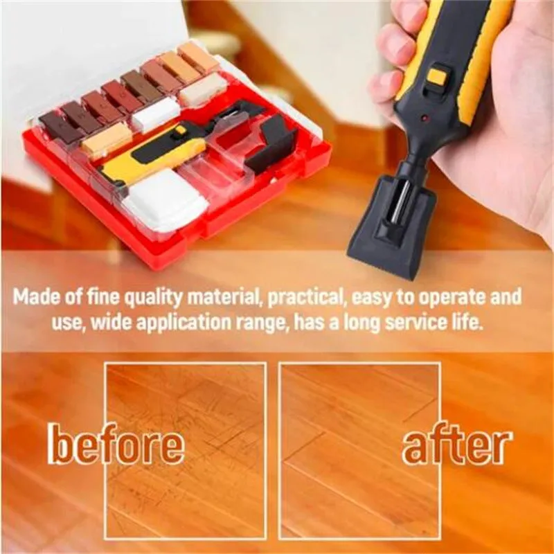 DIY floor and furniture repair kit with red handle and coloured wax sticks on a tile surface.