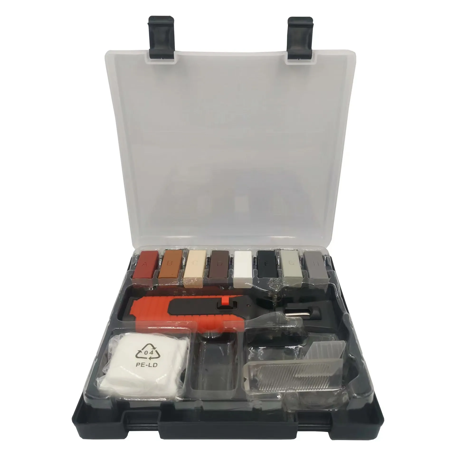 DIY floor and furniture repair kit with red handle and coloured wax sticks on a tile surface.