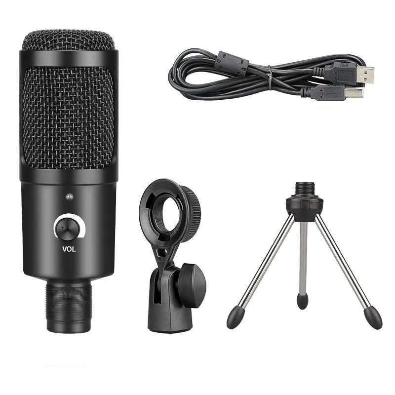 Black USB condenser microphone on a stand, model AK-6, for computer gaming and recording.