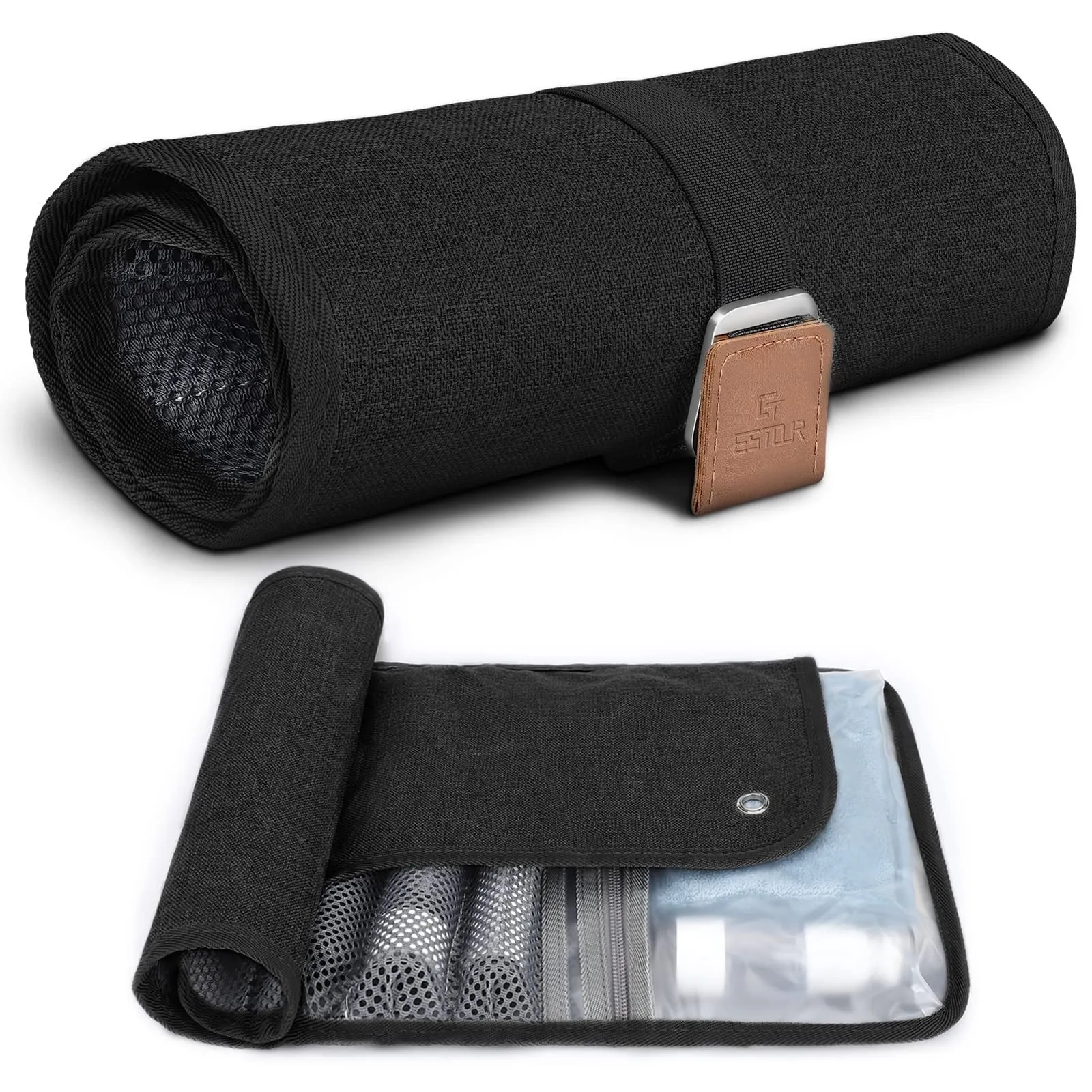 Men's black portable reel wash travel bag with a simple modern design.
