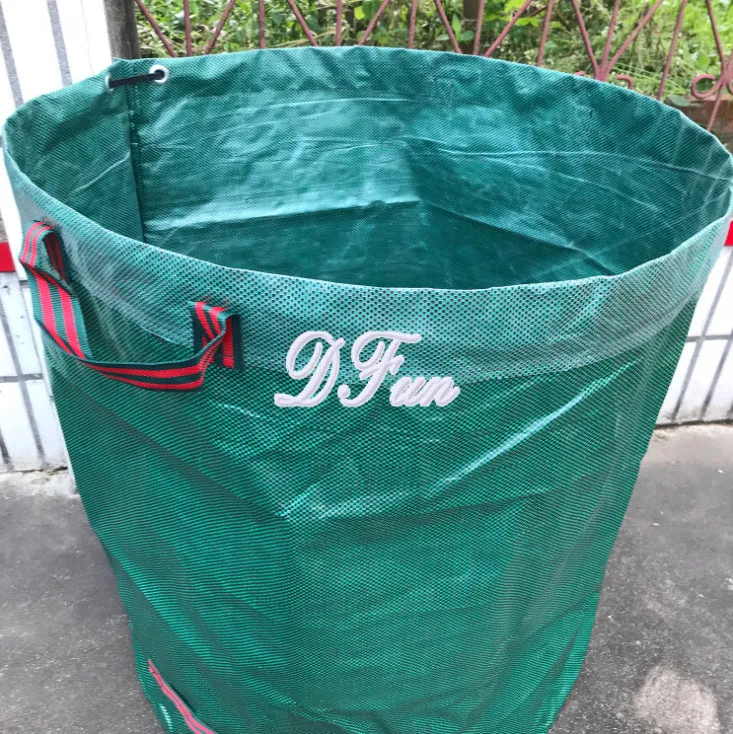 Green PP film garden leaf bag for collecting fallen leaves and plant debris, shown with size options.
