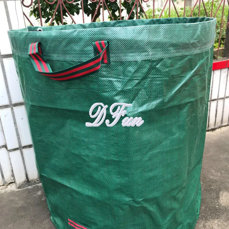 Green PP film garden leaf bag for collecting fallen leaves and plant debris, shown with size options.