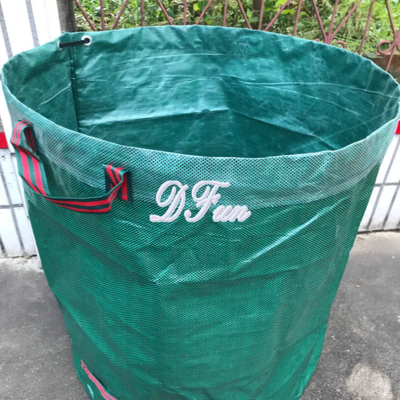 Green PP film garden leaf bag for collecting fallen leaves and plant debris, shown with size options.