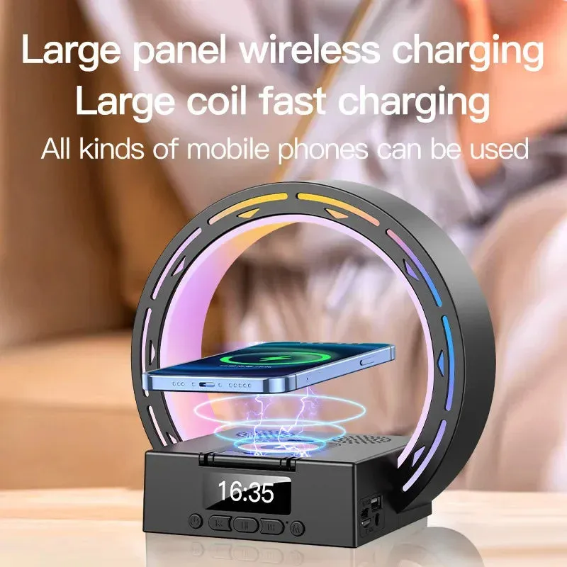 White multifunctional Bluetooth speaker with wireless charging pad, bedside lamp and digital clock display on wooden table