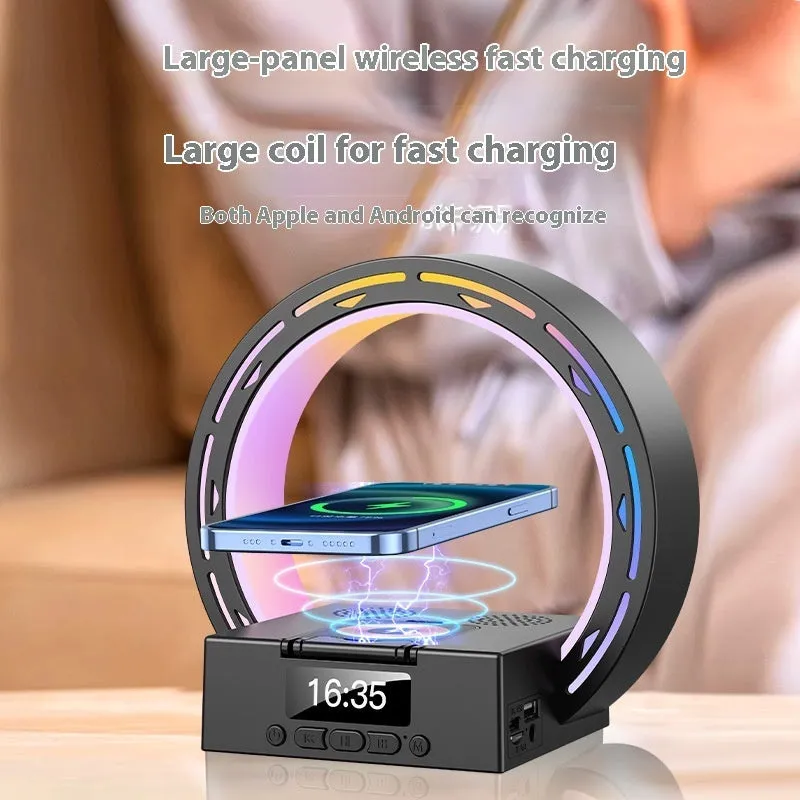 White multifunctional Bluetooth speaker with wireless charging pad, bedside lamp and digital clock display on wooden table