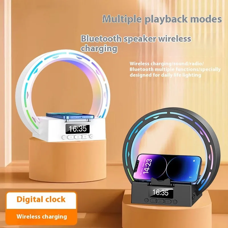 White multifunctional Bluetooth speaker with wireless charging pad, bedside lamp and digital clock display on wooden table