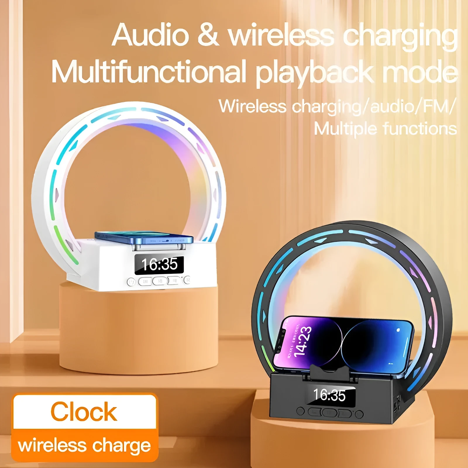 White multifunctional Bluetooth speaker with wireless charging pad, bedside lamp and digital clock display on wooden table