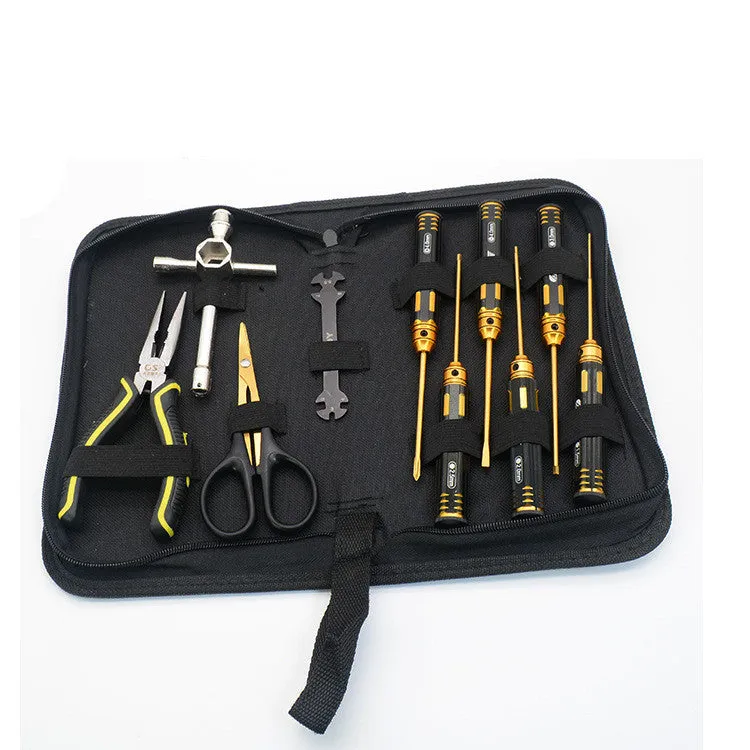 Remote control model car tool kit with titanium-plated screwdrivers and sleeve pliers for hobby modelling