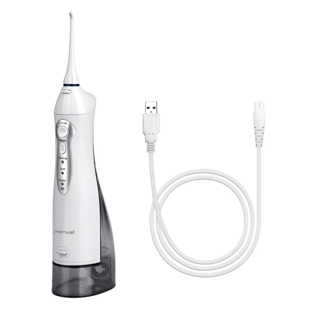 White portable oral irrigator with large 330ml water tank and multiple nozzles on a bathroom counter