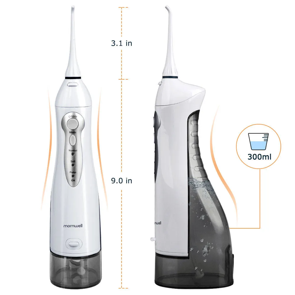 White portable oral irrigator with large 330ml water tank and multiple nozzles on a bathroom counter