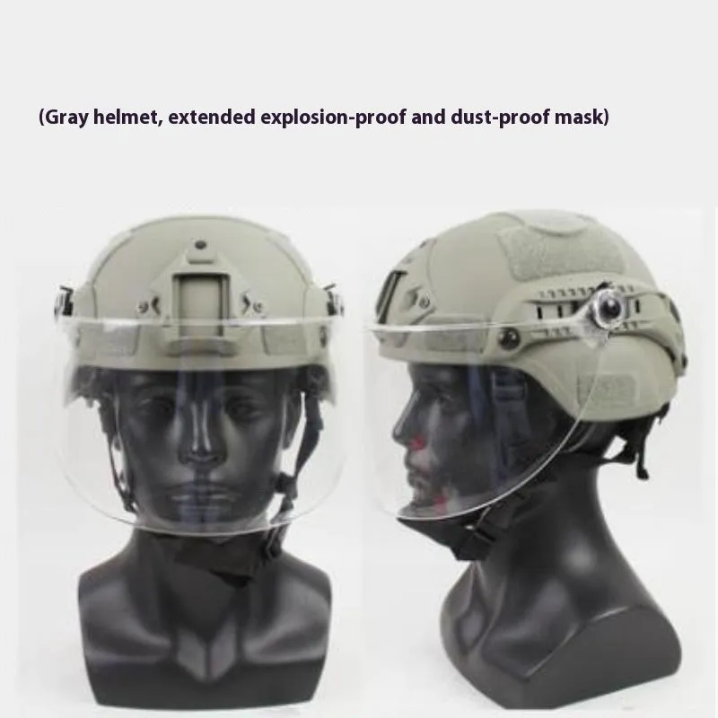 Transparent polycarbonate anti-riot tactical helmet with attached face mask in Army Green colour