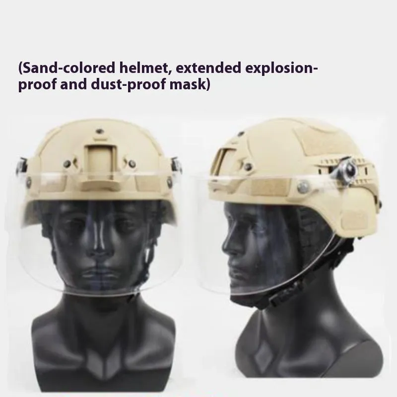 Transparent polycarbonate anti-riot tactical helmet with attached face mask in Army Green colour