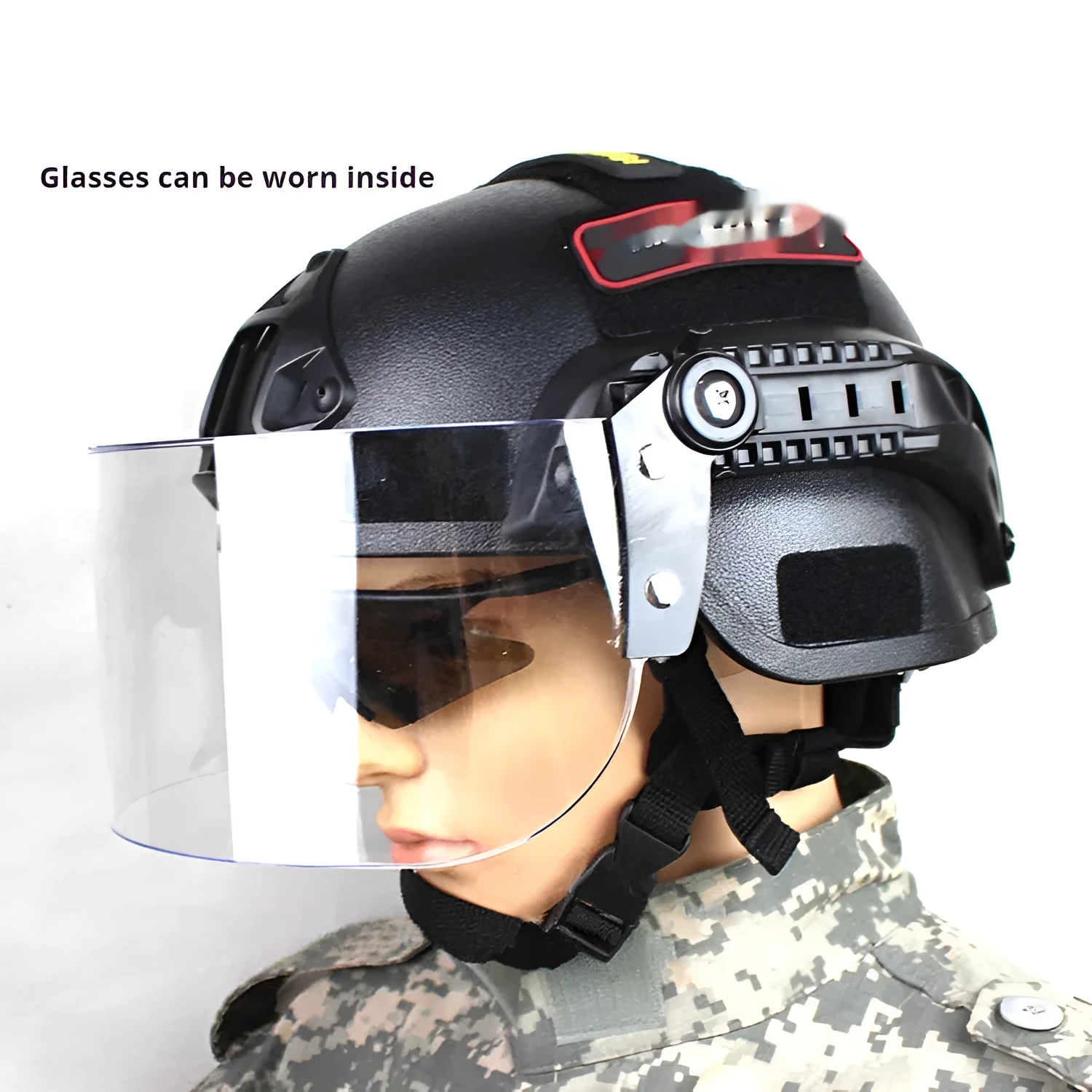 Transparent polycarbonate anti-riot tactical helmet with attached face mask in Army Green colour