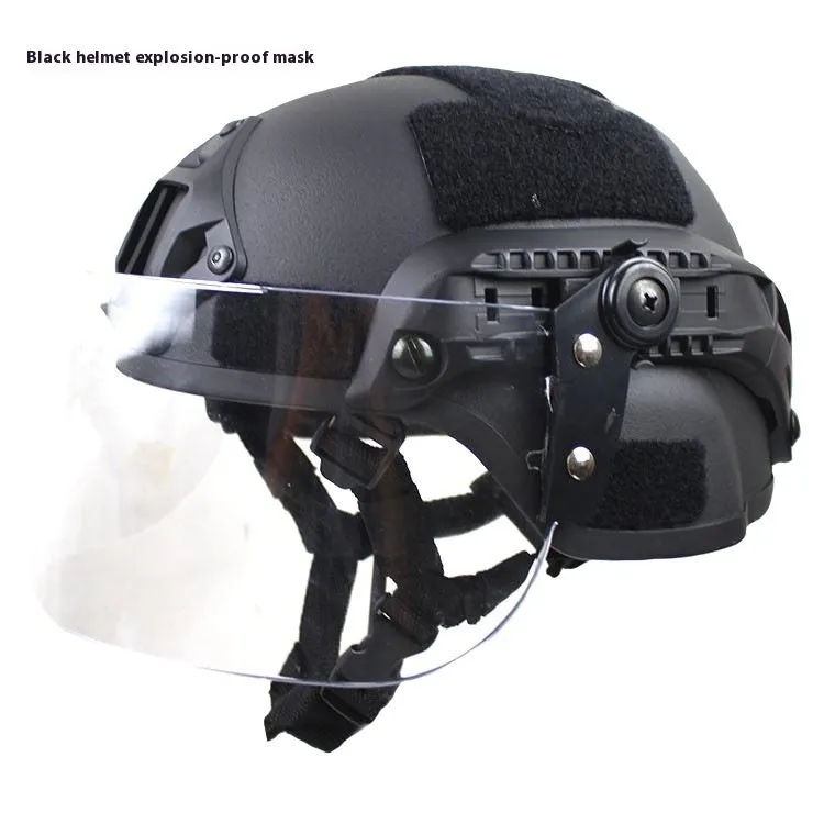 Transparent polycarbonate anti-riot tactical helmet with attached face mask in Army Green colour