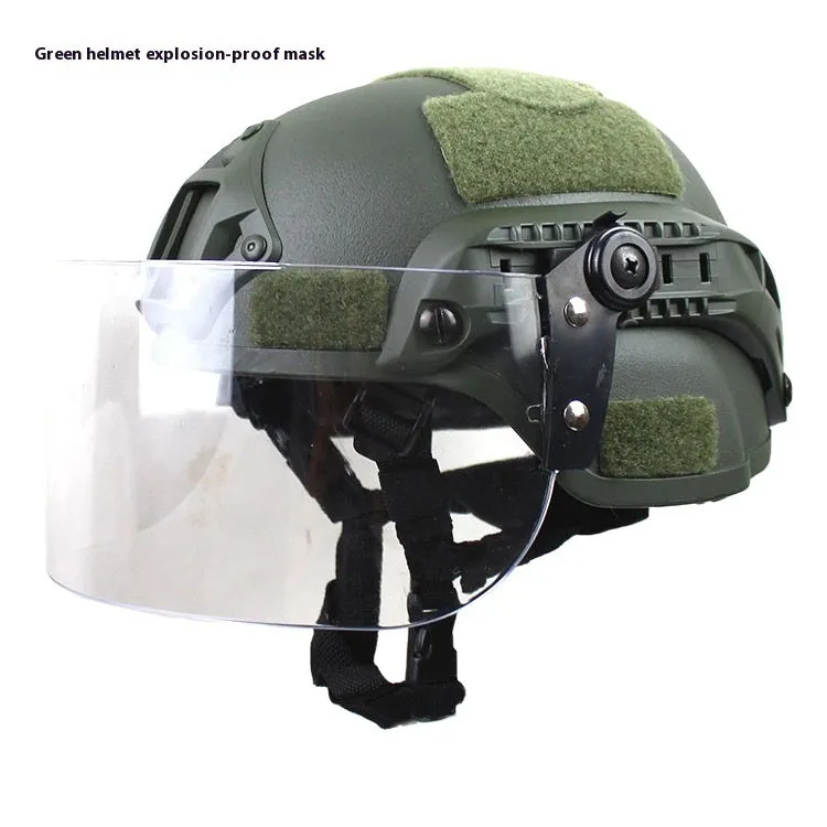 Transparent polycarbonate anti-riot tactical helmet with attached face mask in Army Green colour