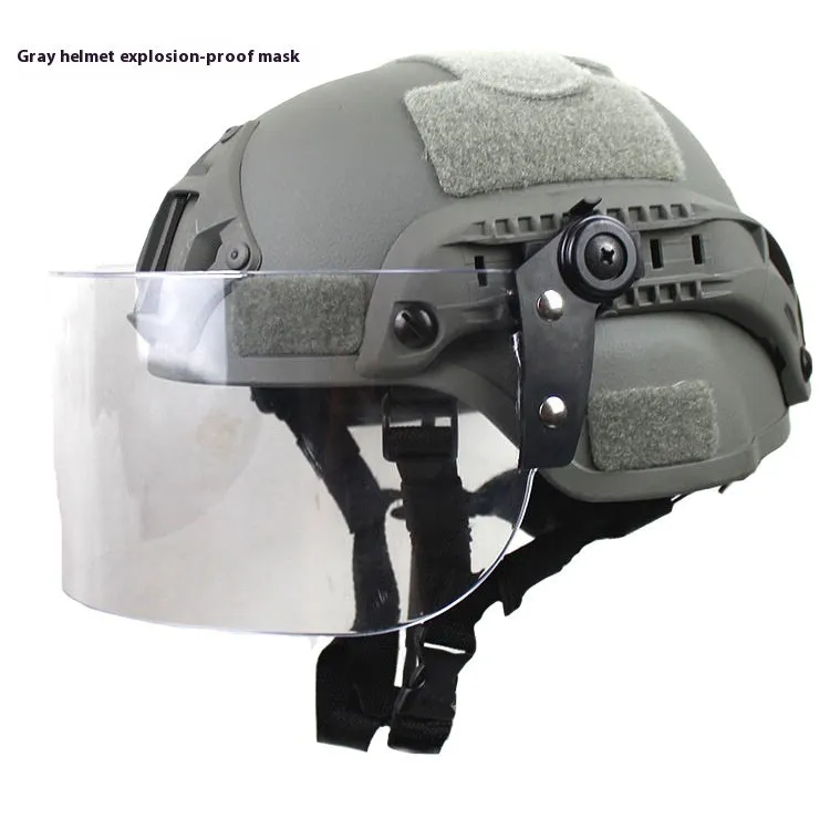 Transparent polycarbonate anti-riot tactical helmet with attached face mask in Army Green colour