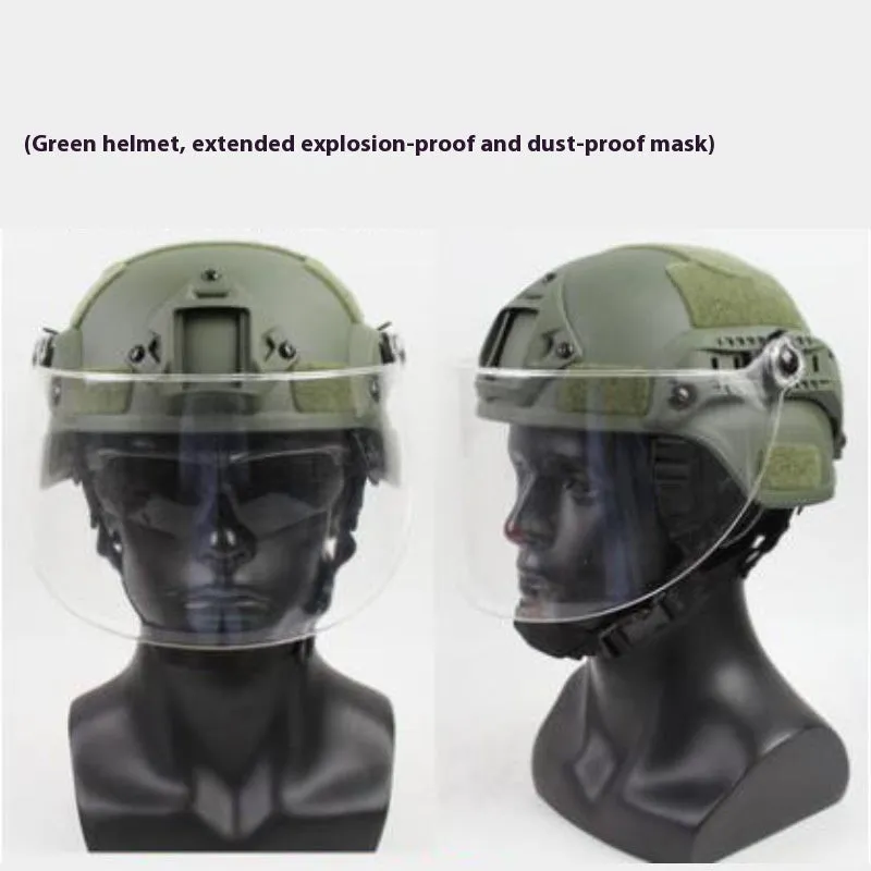 Transparent polycarbonate anti-riot tactical helmet with attached face mask in Army Green colour