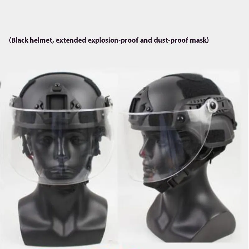 Transparent polycarbonate anti-riot tactical helmet with attached face mask in Army Green colour