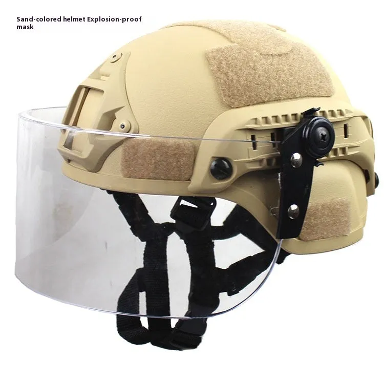 Transparent polycarbonate anti-riot tactical helmet with attached face mask in Army Green colour