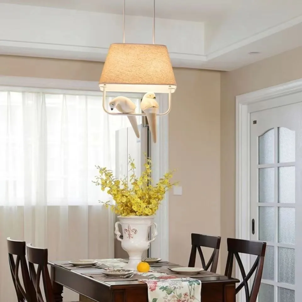 Bird-themed ceiling chandelier with fabric shade covers and iron framework for dining rooms and hallways