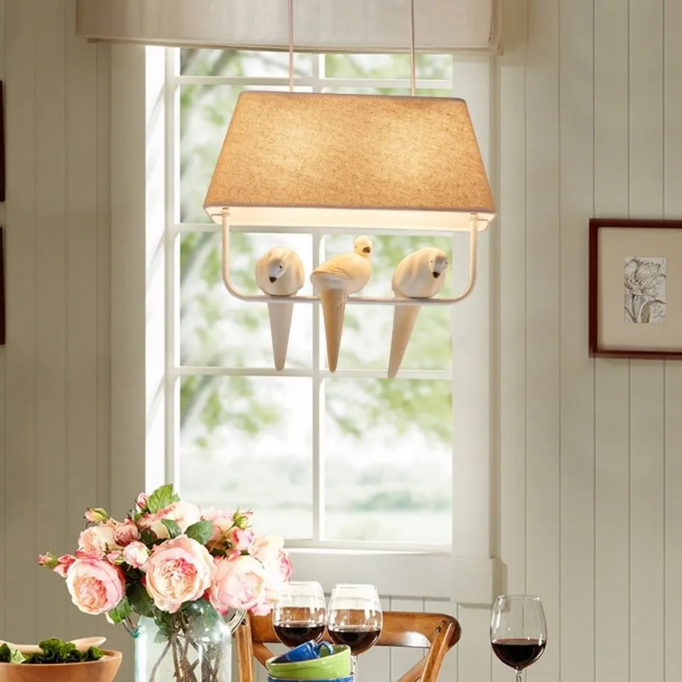 Bird-themed ceiling chandelier with fabric shade covers and iron framework for dining rooms and hallways