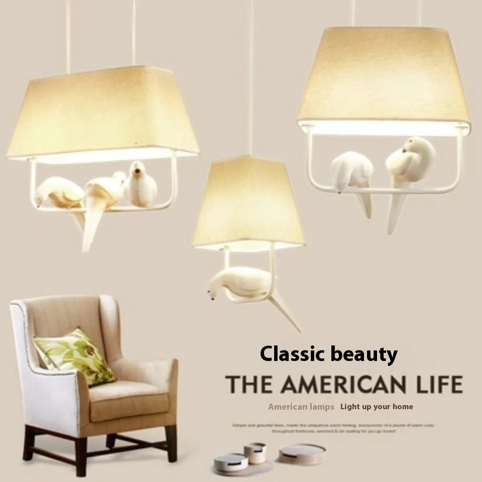 Bird-themed ceiling chandelier with fabric shade covers and iron framework for dining rooms and hallways