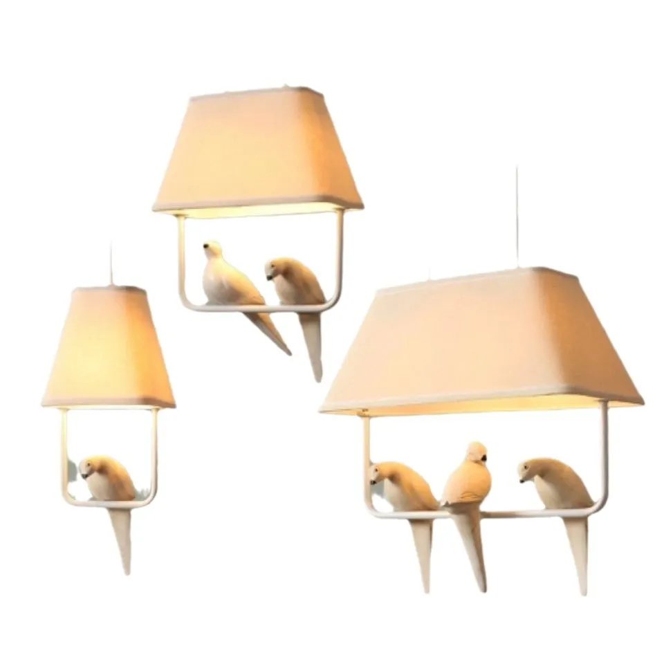 Bird-themed ceiling chandelier with fabric shade covers and iron framework for dining rooms and hallways