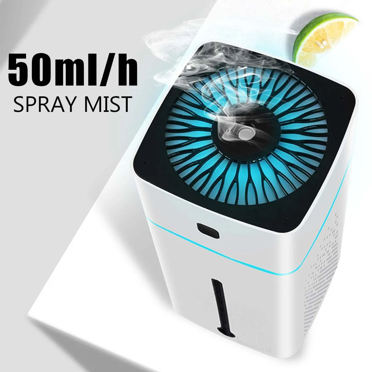 Black or white desktop ultrasonic humidifier with 1000ml tank and USB cable on a wooden desk.